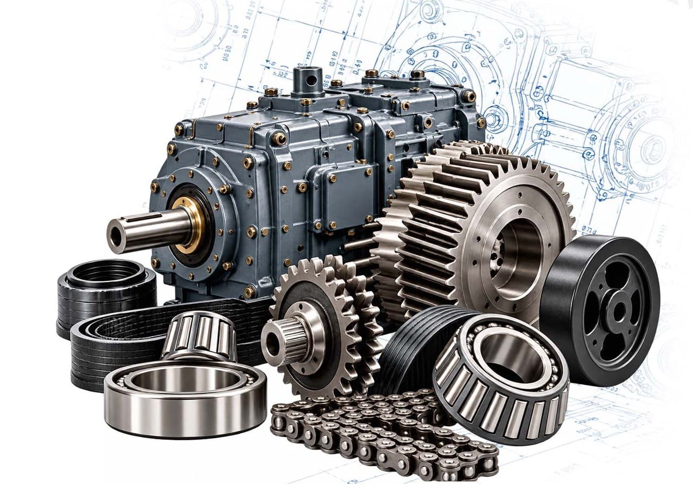 Industrial gearbox with helical gears, bearings, pulleys and roller chain set out on an engineering drawing